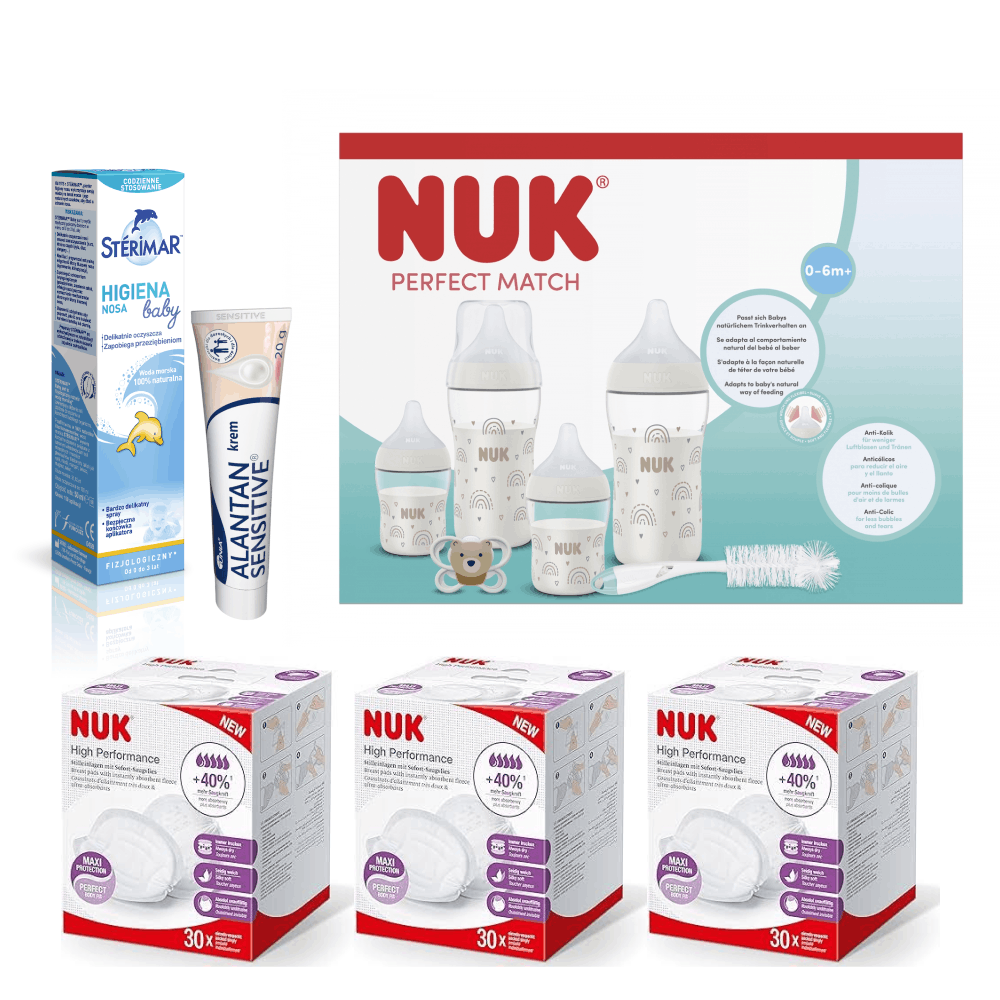 Wyprawka NUK (zestaw startowy + 90 wkładek laktacyjnych + Sterimar + Alantan)